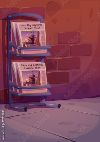 Street newsstand with newspapers on sidewalk against brick wall background at night. Cartoon vector illustration of papers with daily breaking news. Publication headline about crime on main page