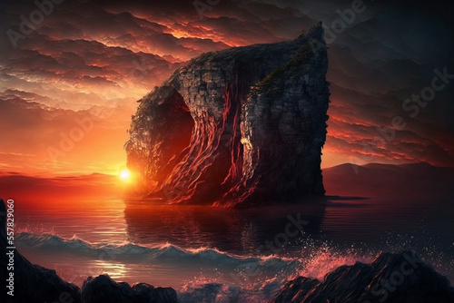 Sunset over the cliff rock - Generative AI