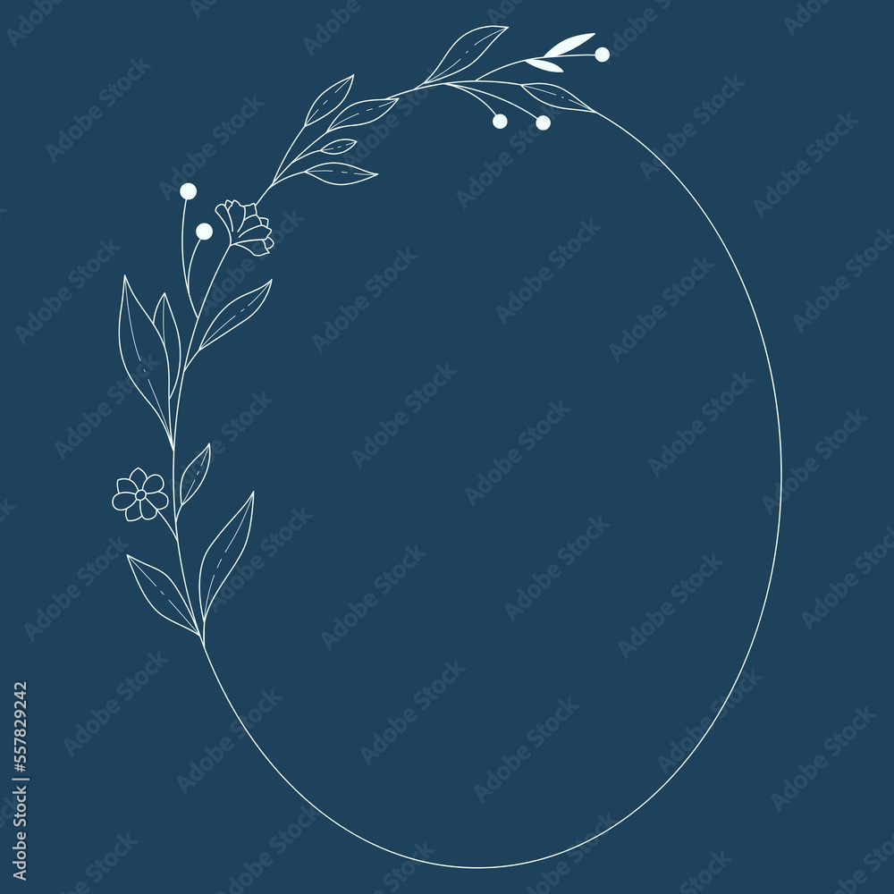 Floral and ellipse hand drawn style. Floral navy and white frame of twigs, leaves and flowers. Frames for the Valentine's day, wedding decor, logo and identity template.