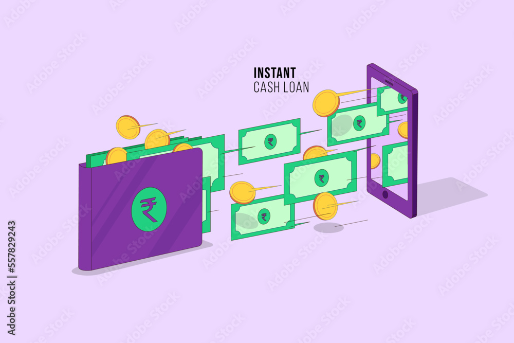 Instant cash loan website banner template with a phone screen, money, and coins, flat vector illustration. fast loan credit to your pocket through the mobile app. Instant cash loan website banner template with a phone screen, money, and coins, flat vector illustration. fast loan credit to your pocket through the mobile app.