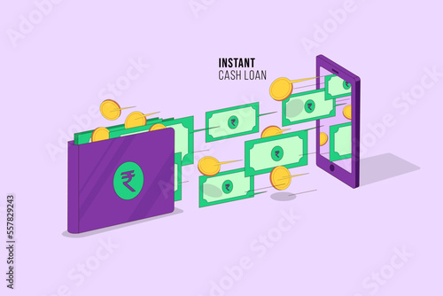 Instant cash loan website banner template with a phone screen, money, and coins, flat vector illustration. fast loan credit to your pocket through the mobile app. 