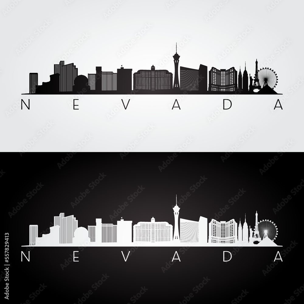 Naklejka premium Nevada state skyline and landmarks silhouette, black and white design. Vector illustration.