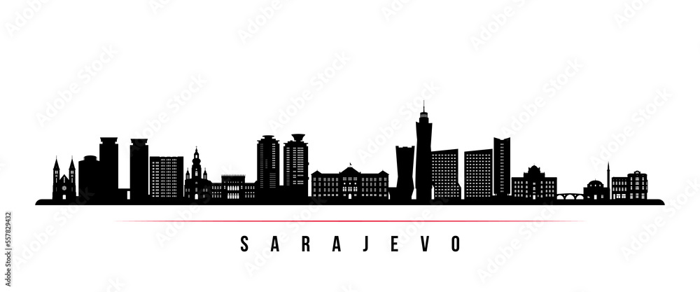 Sarajevo skyline horizontal banner. Black and white silhouette of Sarajevo, Bosnia and Herzegovina. Vector template for your design.