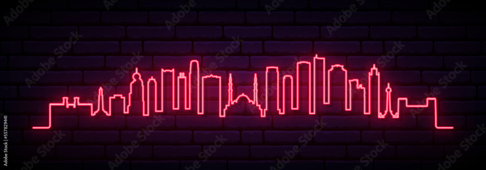 Fototapeta premium Red neon skyline of Sharjah. Bright Sharjah City long banner. Vector illustration.
