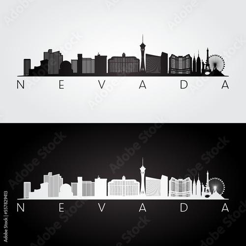Nevada state skyline and landmarks silhouette, black and white design. Vector illustration.