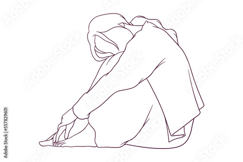 young depressed woman sitting alone hand drawn style vector illustration