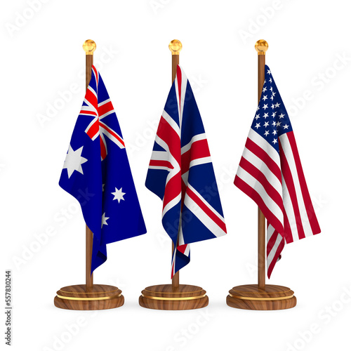 American, Australian and Britain flag on white background. Isolated 3D illustration