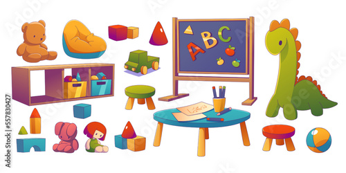 Kindergarten room interior set with kids table, chair, toys, blackboard and shelves. Nursery playroom with furniture for children, blocks and plush toys, vector illustration in contemporary style