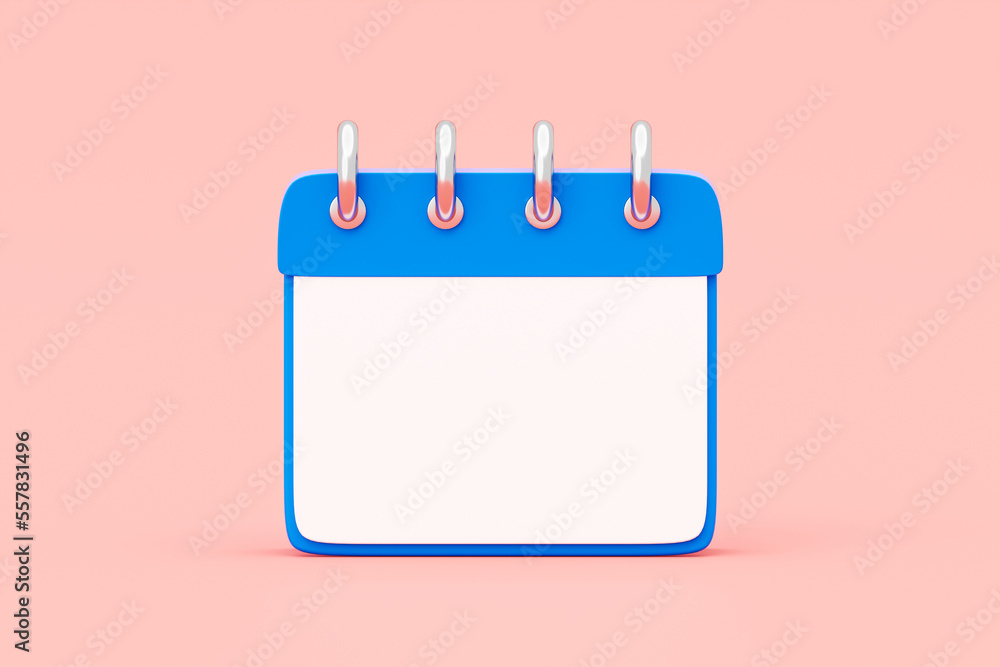 Blue calendar 3d icon date schedule isolated on pink background with empty time reminder plan appointment agenda concept or white paper organizer planner calender and blank timetable meeting page. Blue calendar 3d icon date schedule isolated on pink background with empty time reminder plan appointment agenda concept or white paper organizer planner calender and blank timetable meeting page.