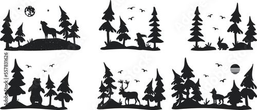 forest landscape and wild animals vector silhouette. forest landscap and animals silhouette vector logo