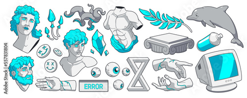 Abstract psychedelic stickers with sculpture, geometric shapes, tentacles, dolphin, computer, mushroom and eyeballs. Trippy surreal badges in y2k style, vector set