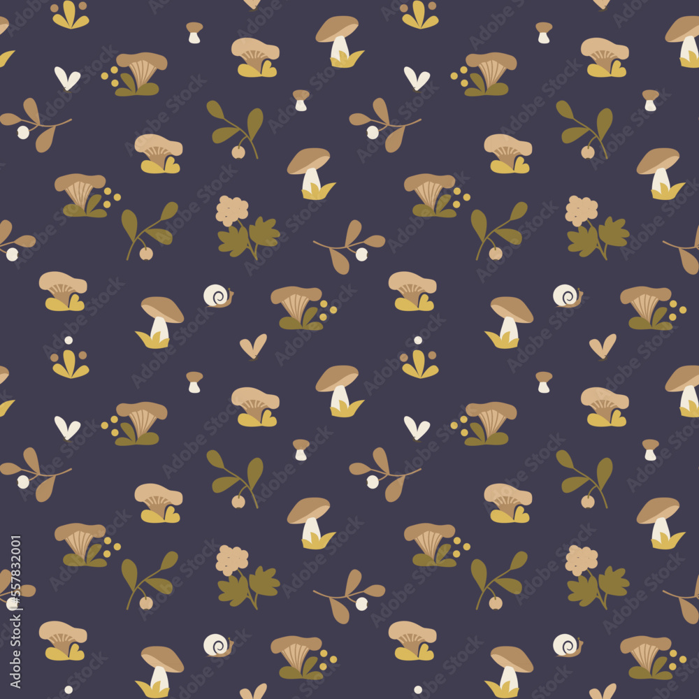 seamless vector pattern with cute small  forest flowers, berries and mushrooms on a dark blue background