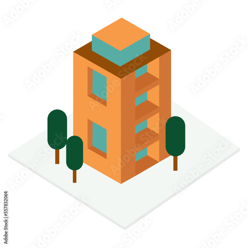 Vector image, isometry of a multi-storey building with windows and trees around it on a white background. Graphic design.