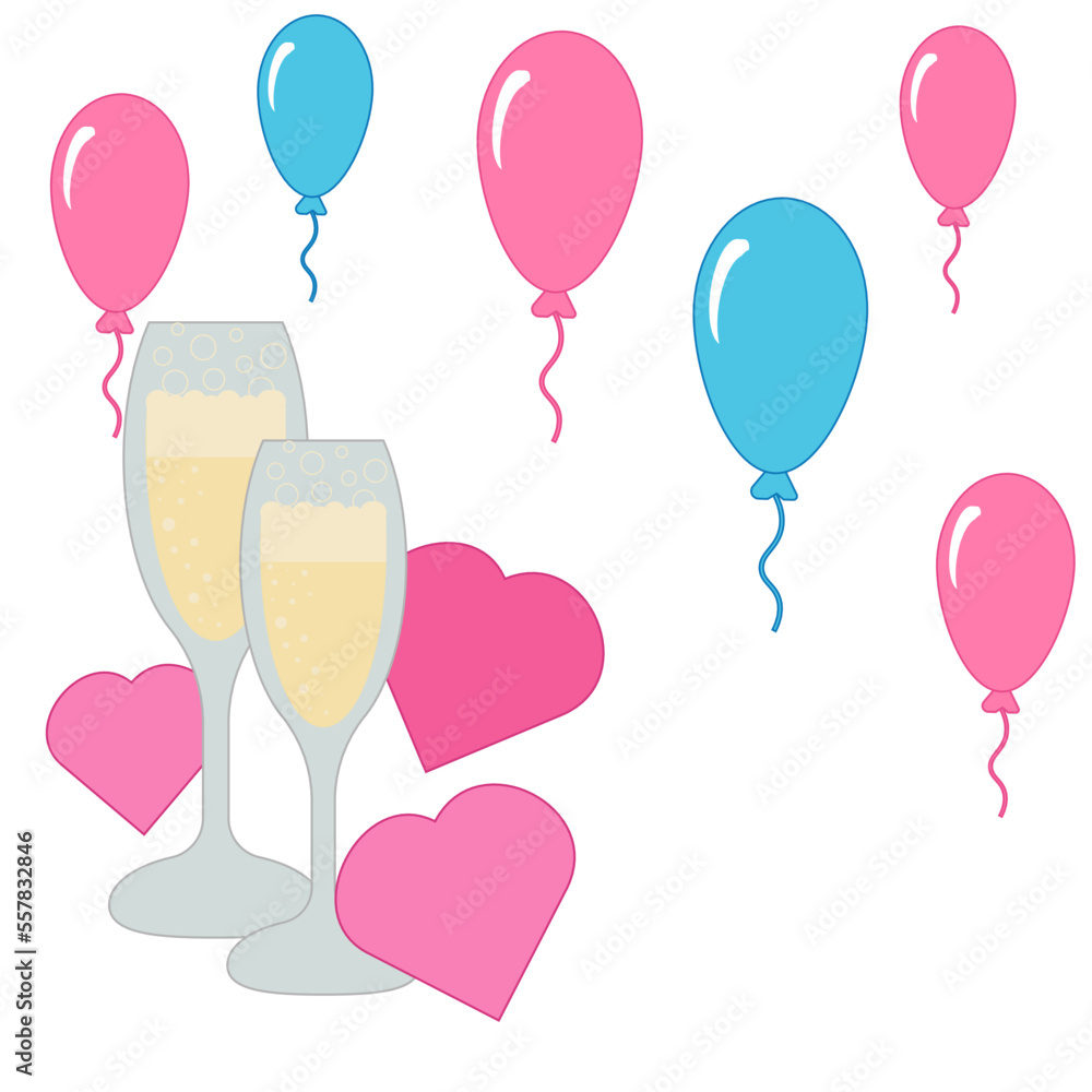 Vector image of valentines day, wedding. Champagne glasses, hearts and balloons. Graphic design.