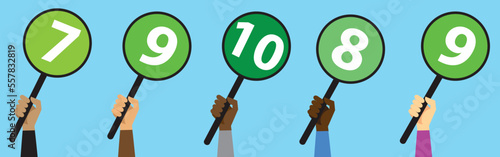Hand hold round score card banner plate with numbers 6, 7, 8, 9, 10 business concept flat style design vector illustration. Votes jury judges of tournament or contest