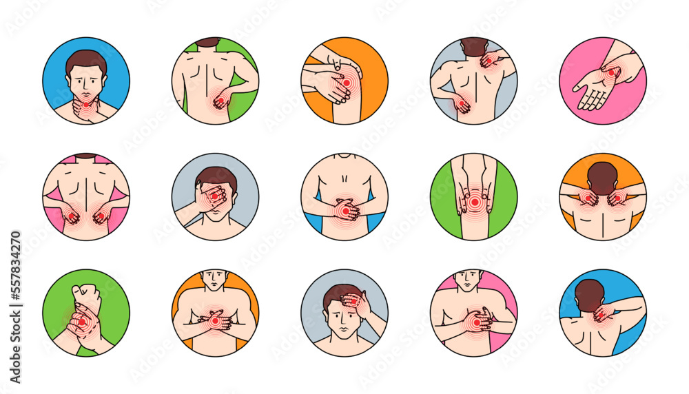 Pain in different part of body set. Ache in head, neck, shoulder, knee, chest, abdomen, wrist, back, elbow. Arthritis and rheumatism illustration. Pain in different part of body set. Ache in head, neck, shoulder, knee, chest, abdomen, wrist, back, elbow. Arthritis and rheumatism illustration.