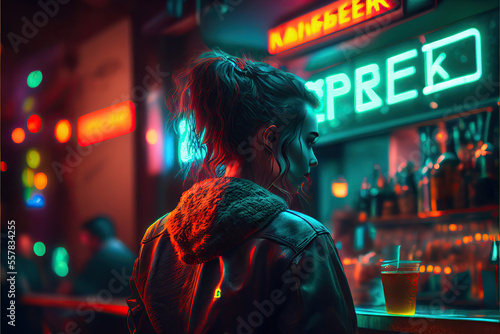 A beautiful cyberpunk woman in a futuristic neon light city at night, generative ai