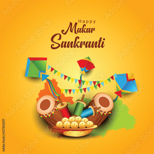 Indian festival Happy Makar Sankranti poster design with group of colorful kites flying cloudy sky. vector illustration design. photo