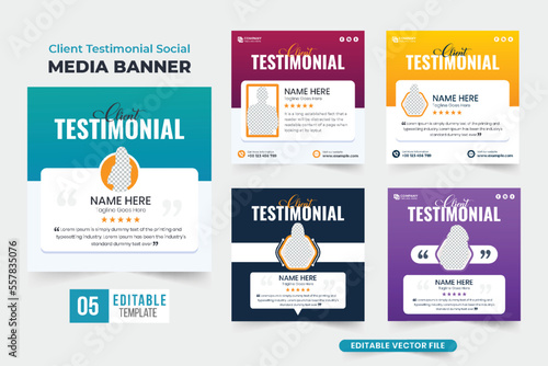 Minimal client review layout design bundle for websites and social media marketing. Customer feedback and testimony template collection with aqua and purple colors. Buyer review social media post set.