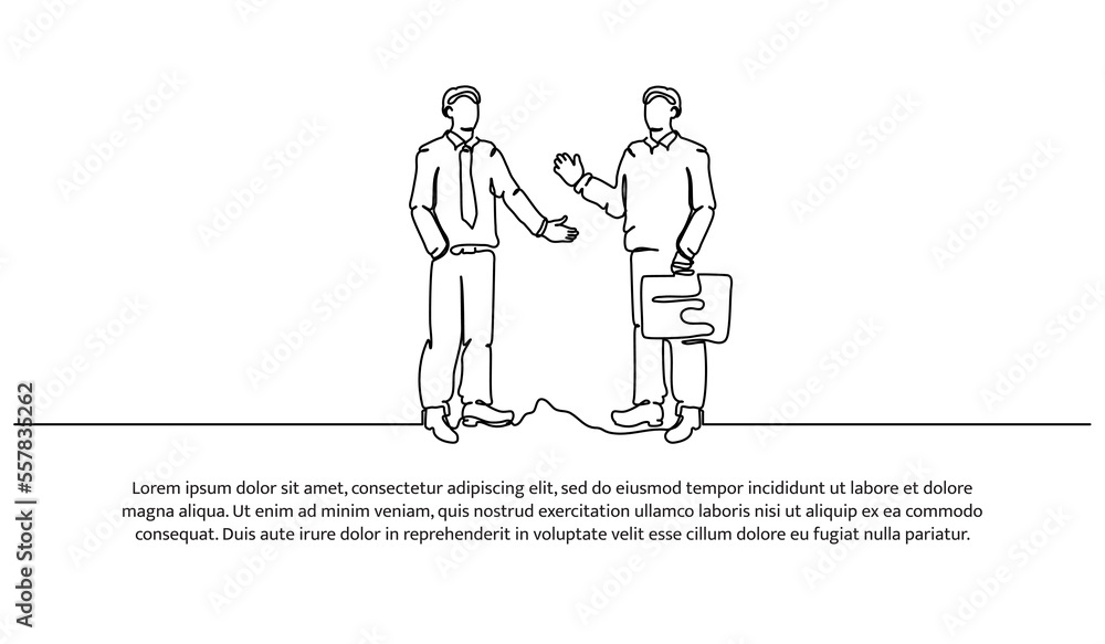 Continuous line design of two men standing discussing together. Businessman working concept design. Decorative elements drawn on a white background. Continuous line design of two men standing discussing together. Businessman working concept design. Decorative elements drawn on a white background.