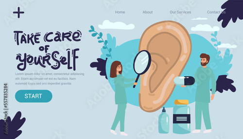 Doctors check health of ear, hearing organ. Medical examination, test and treatment of ear, otolaryngology. Ent checks loss hearing. Vector flat illustration.
