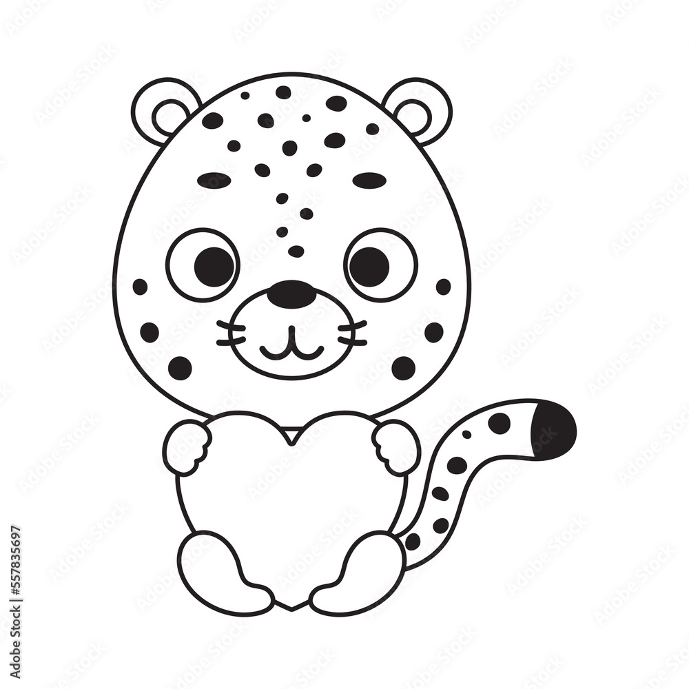 Coloring page cute little cheetah holds heart. Coloring book for kids