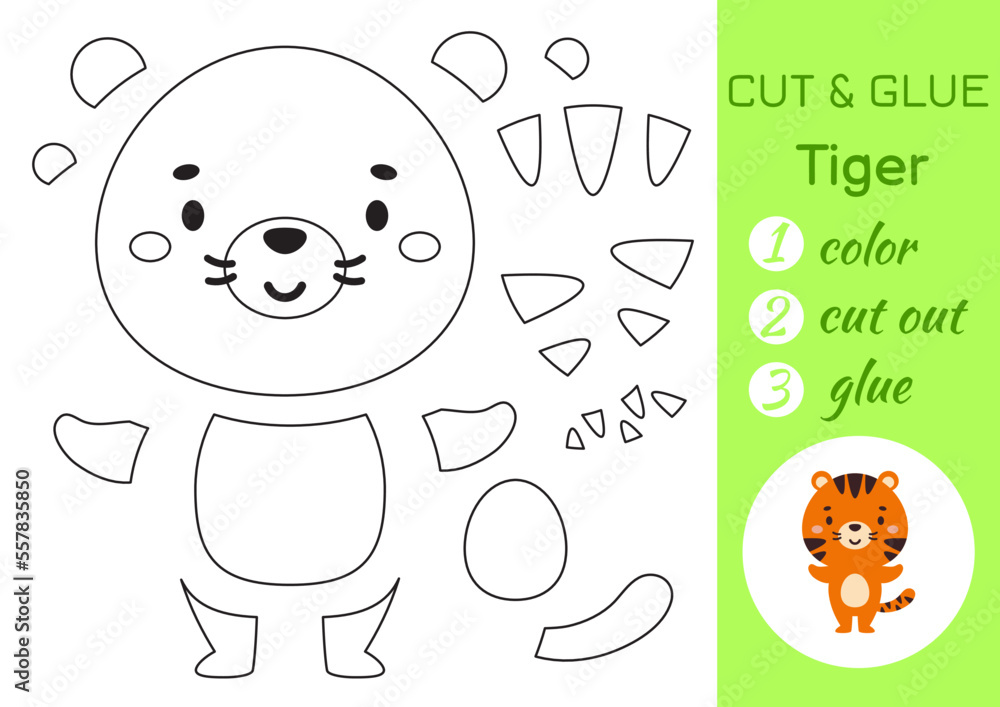 Color, cut and glue paper little tiger. Cut and paste crafts activity page. Educational game for preschool children. DIY worksheet. Kids logic game, puzzle. Vector stock illustration Color, cut and glue paper little tiger. Cut and paste crafts activity page. Educational game for preschool children. DIY worksheet. Kids logic game, puzzle. Vector stock illustration