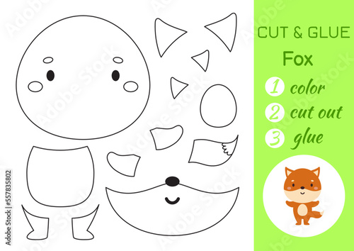 Color, cut and glue paper little fox. Cut and paste crafts activity page. Educational game for preschool children. DIY worksheet. Kids logic game, puzzle. Vector stock illustration