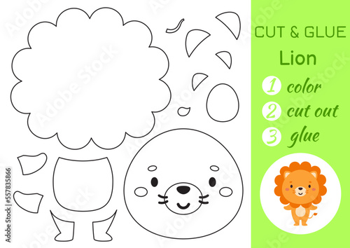 Color, cut and glue paper little lion. Cut and paste crafts activity page. Educational game for preschool children. DIY worksheet. Kids logic game, puzzle. Vector stock illustration