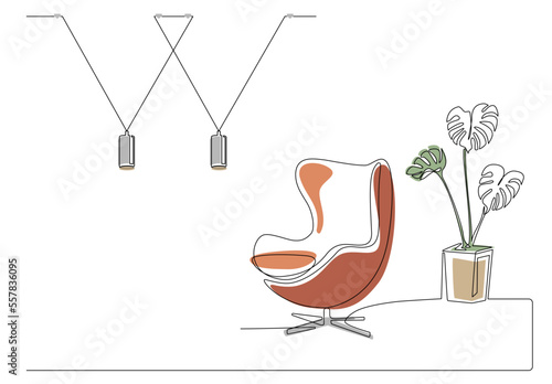 Continuous one line interior with armchair, plant in pot, lamps and bulbs. Colored single line drawing of Living room with modern furniture editable stroke. Handdraw contour. Monstera Flower. Doodle