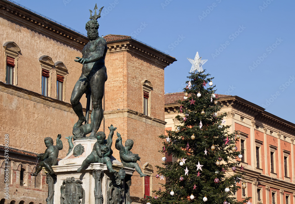 The Big Christmas Tree and The Fountain of Neptune in the main square of Bologna. Italy.