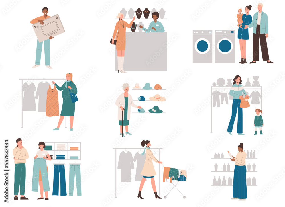 People shopping in store. Buyers making different purchases. People shopping in store. Buyers making different purchases.