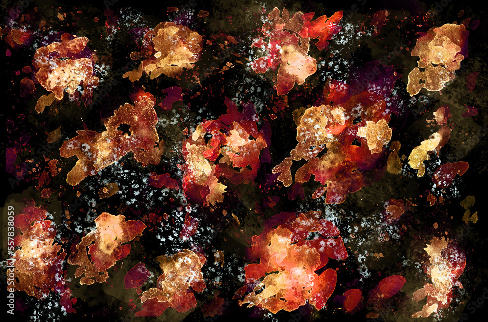 Watercolor glowing spots of red shades on a black background. Watercolor abstract background. Illustration.