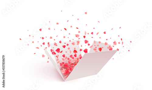 Open Gift Box with Hearts Confetti Burst. Valentines Day. Vector Design
