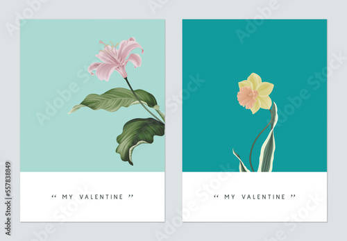Minimalist botanical valentine greeting card template design, lily and daffodil