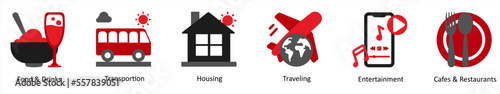 Six food and drinks icons in red and black as food and drinks, transportation, housing