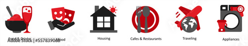 Six food and drinks icons in red and black as food and drinks, mood, housing