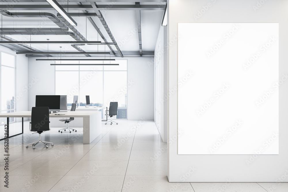 Front view on blank white poster on light wall background in spacious coworking office with monochrome interior design, light glossy floor, loft ceiling lamps and big window. 3D rendering, mock up - obrazy, fototapety, plakaty 