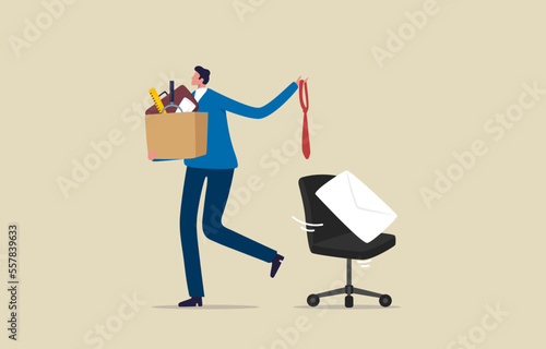 Employee resign, quit or leaving company. Businessman leaving the office. Unemployed with her cardboard box walking out of the work office.