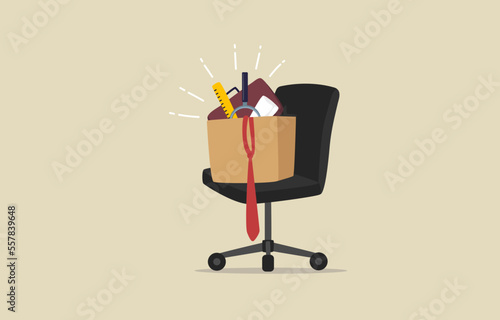 Resignation, unemployment, Employee resign, quit or leaving company. Packed box on office chair.