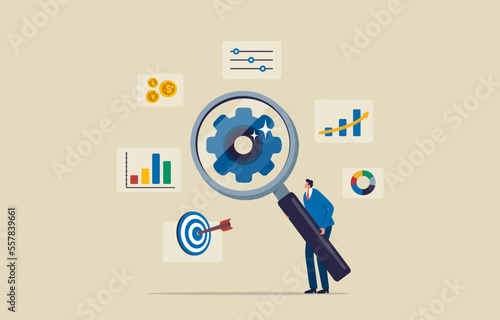Marketing research charts. Data analysis and optimization for SEO. Businessman use magnifying glass and productivity tools to analyze charts. illustration