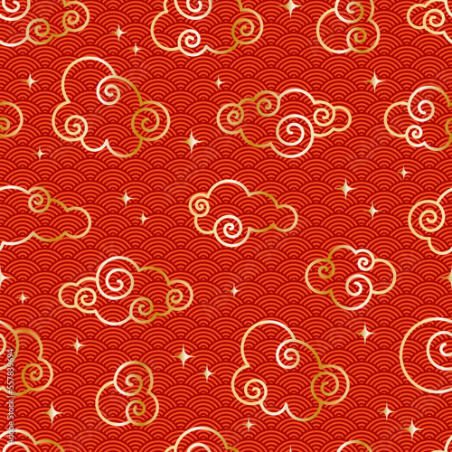 Chinese vintage cloud seamless pattern. Red background with golden sky and stars. Traditional oriental ornament. Vector