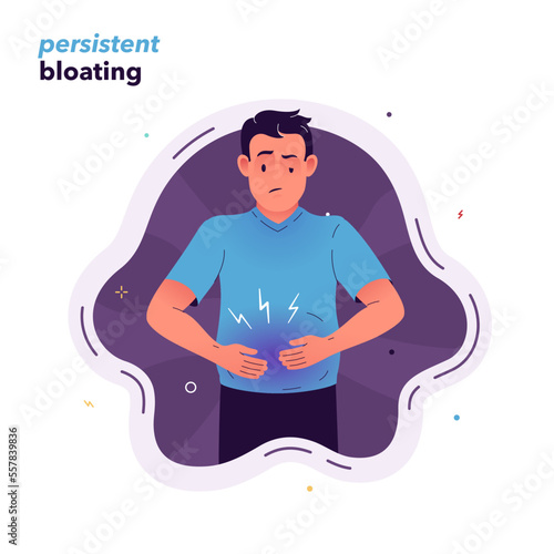 Vector illustration of a man suffering from bloating. The man experiences constant bloating. Symptoms of irritable bowel syndrome or food allergies. photo