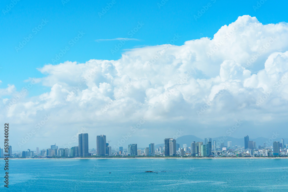 Naklejka premium panoramic landscape scenery of Danang city, Vietnam. along coastline at Son Tra peninsula