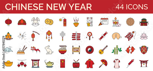 Chinese new year item set in color outline style. 2023 Rabbit and Lunar New Year. 44 icons. vector illustration design. 