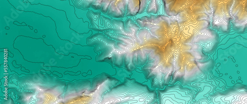 Concept de fond - Erosion - Vue aérienne de paysage vallonné territoire montagneux - Rendu 2d modèle numérique de terrain avec colorisation hypsométrique et courbes de niveaux photo