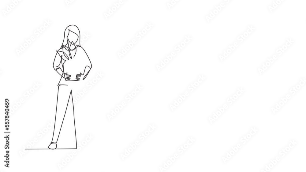 Self drawing animation of single one line draw cute girl standing and holding houseplants in pots. Female taking care of houseplants. Potted plants in house. Continuous line draw. Full length animated Self drawing animation of single one line draw cute girl standing and holding houseplants in pots. Female taking care of houseplants. Potted plants in house. Continuous line draw. Full length animated