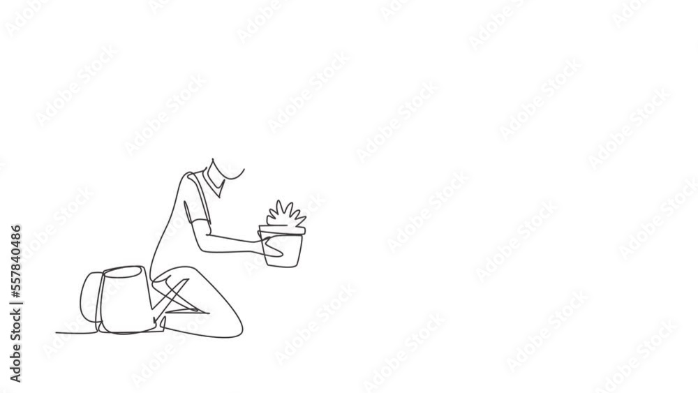 Animated self drawing of continuous line draw girl taking care of houseplants in planters. Young woman cultivating potted plants at home. Female enjoying her hobby. Full length single line animation Animated self drawing of continuous line draw girl taking care of houseplants in planters. Young woman cultivating potted plants at home. Female enjoying her hobby. Full length single line animation