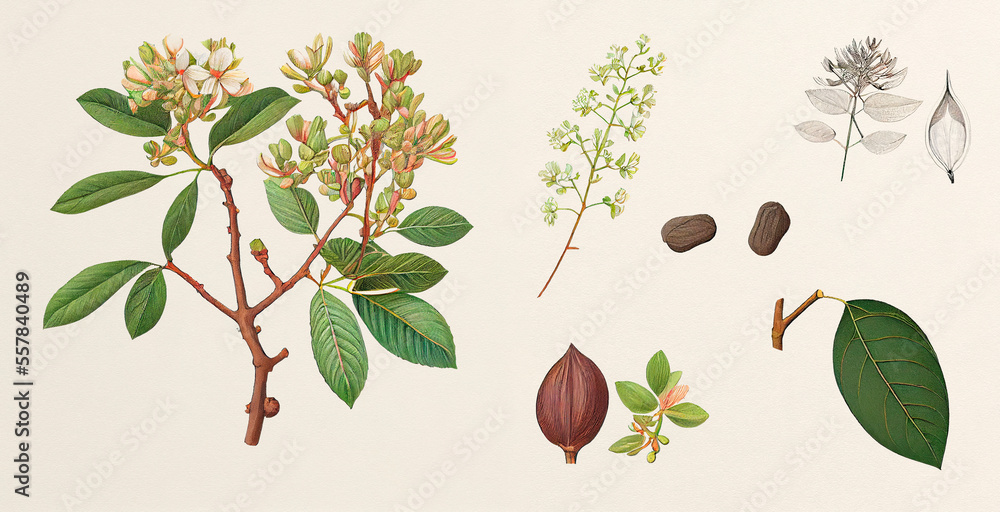 Arjun (Terminalia Arjuna). Botanical illustration on white paper. The best medicinal plants, their effects and contraindications. Natural medicine. Plant properties Arjun (Terminalia Arjuna). Botanical illustration on white paper. The best medicinal plants, their effects and contraindications. Natural medicine. Plant properties