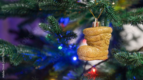 Decoration of the New Year tree with Christmas tree toys, background.
